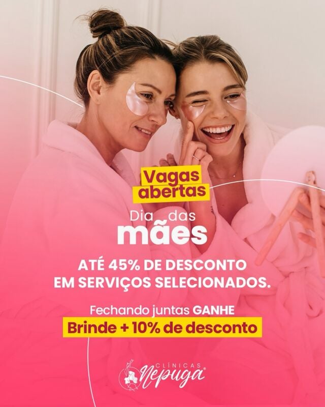 Dia das Mães nas Clínicas NEPUGA.
Vagas abertas para quem quer se cuidar e ainda presentear com amor!
⠀
💖 Até 45% OFF em serviços selecionados
💝 Fechando juntas, você GANHA brinde + 10% de desconto extra
⠀
É o momento perfeito para renovar a autoestima e celebrar quem faz tudo por você.
Mas corra: as vagas são limitadas!
⠀
📍Agende agora e viva essa transformação juntas. Desconto válido para agendamento
até 09/05!
⠀
#DiaDasMãesNEPUGA #AutoestimaEmAlta #MãeMerece #PromoçãoEspecial #ClínicasNEPUGA #BelezaComPropósito
